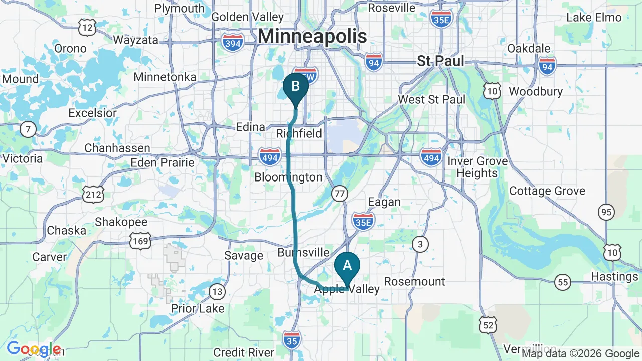 Driving directions map from Apple Valley, MN to Nokomis Chiropractic and Wellness in Minneapolis