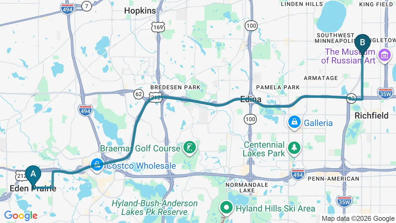 Driving directions map from Eden Prairie, MN to Nokomis Chiropractic and Wellness in Minneapolis
