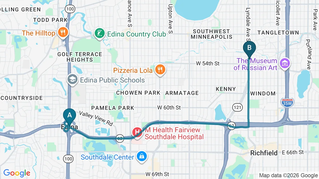 Driving directions map from Edina, MN to Nokomis Chiropractic and Wellness in Minneapolis