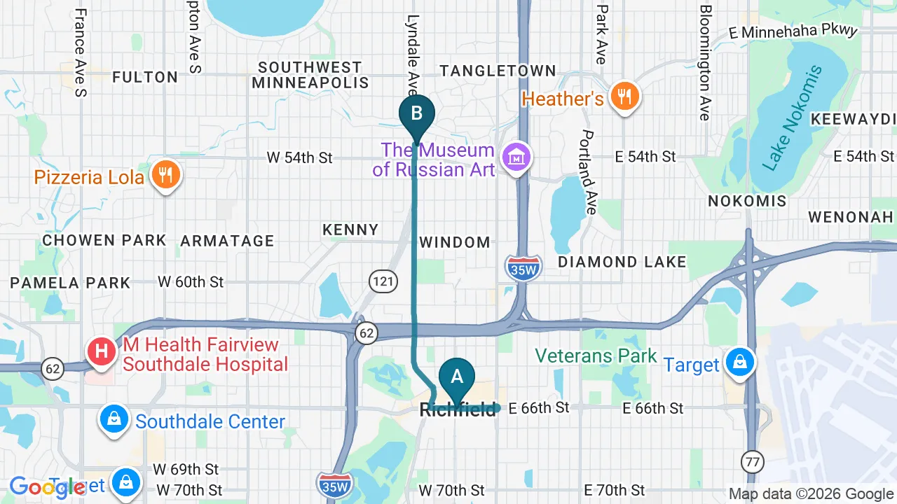 Driving directions map from Richfield, MN to Nokomis Chiropractic and Wellness in Minneapolis
