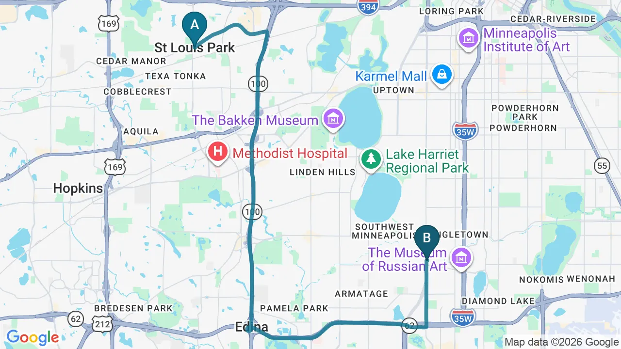 Driving directions map from St. Louis Park, MN to Nokomis Chiropractic and Wellness in Minneapolis
