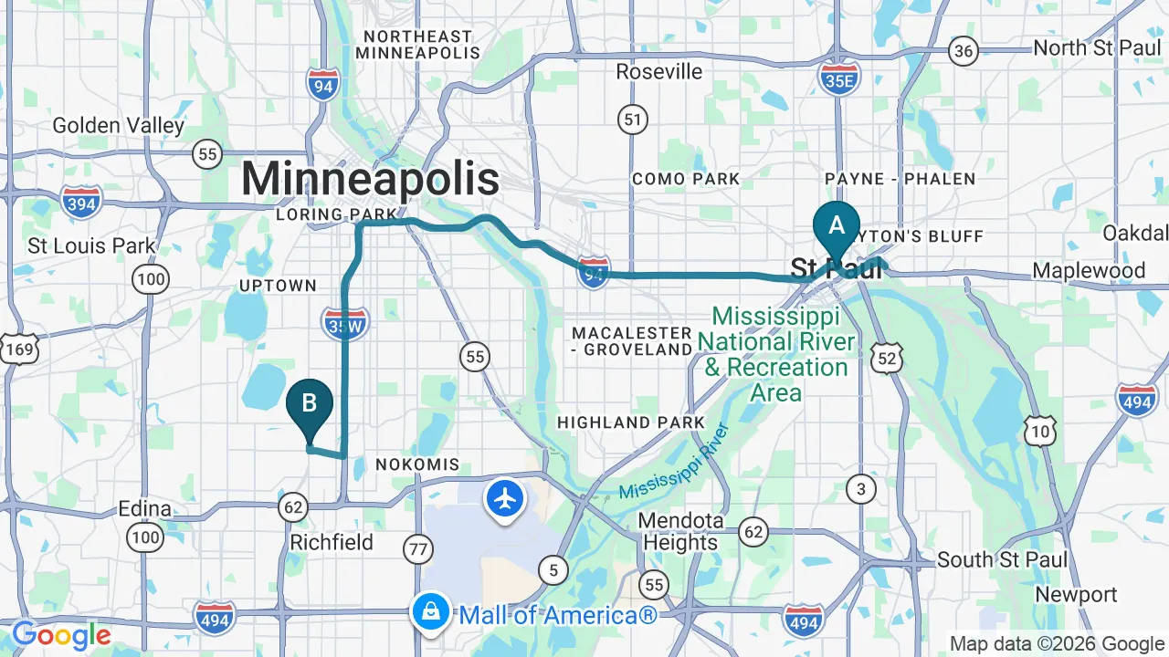 Driving directions map from St. Paul, MN to Nokomis Chiropractic and Wellness in Minneapolis